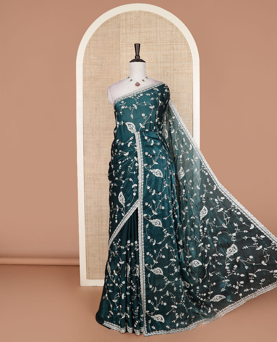 Teal blue floral vine embroidered designer organza saree, embroidered scallop border