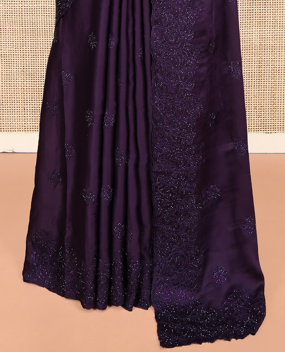 Dark Purple Designer Saree, Finely Crafted with Floral Stone Patchwork, a Scallop Stonework Border, and a Matching Blouse