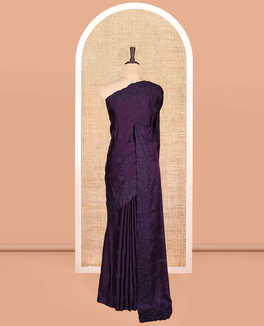 Dark Purple Designer Saree, Finely Crafted with Floral Stone Patchwork, a Scallop Stonework Border, and a Matching Blouse