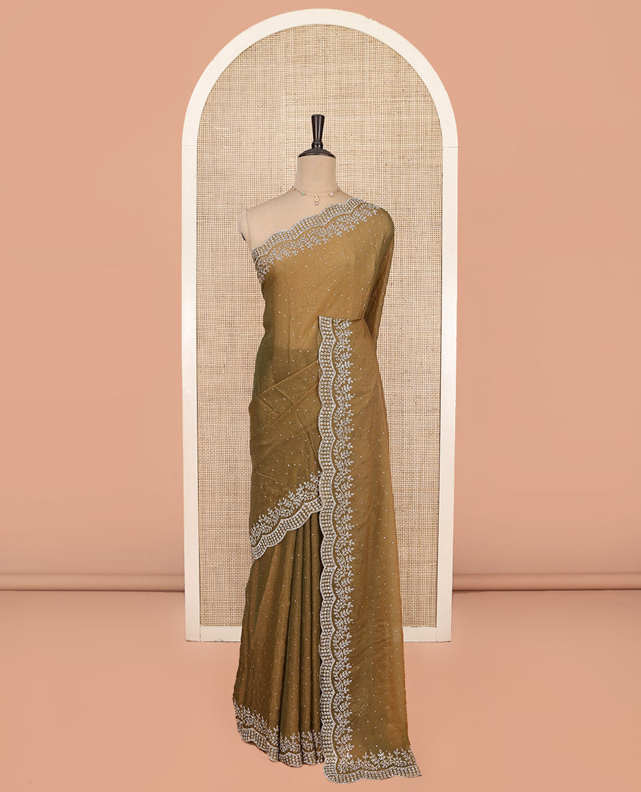 Mustard Designer Saree, Mesmerized with Stone Work, Scallop Stone Work Border, a Self-Pallu, and a Matching Blouse