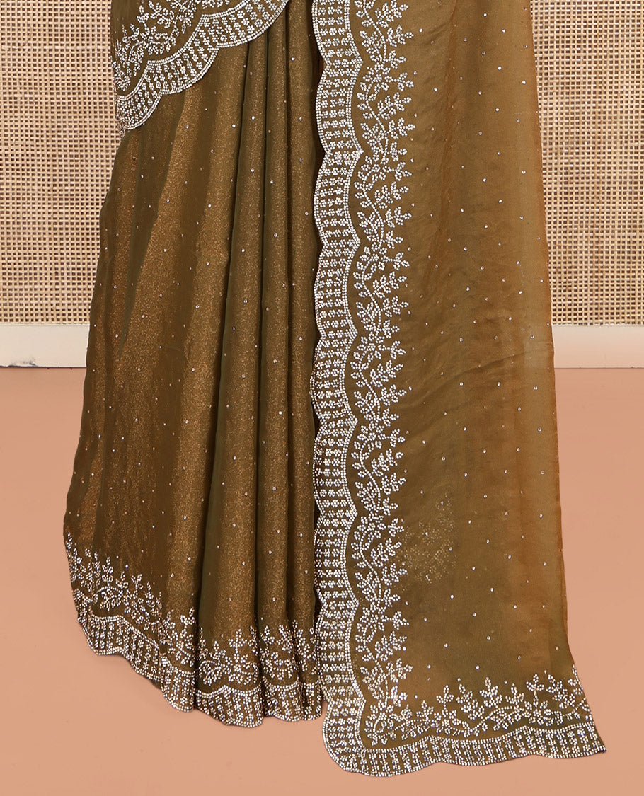 Mustard Designer Saree, Mesmerized with Stone Work, Scallop Stone Work Border, a Self-Pallu, and a Matching Blouse
