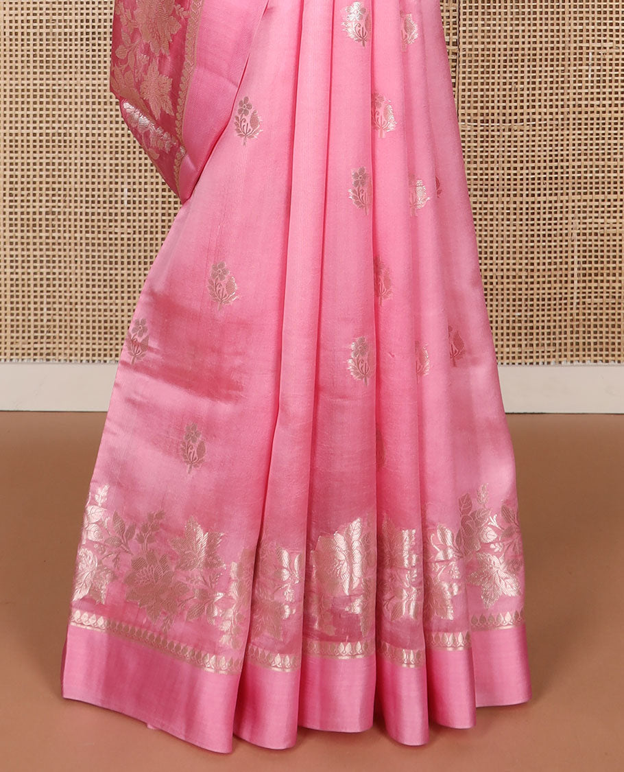 Pink floral motifs raw mango silk saree with self zari design & floral design pallu