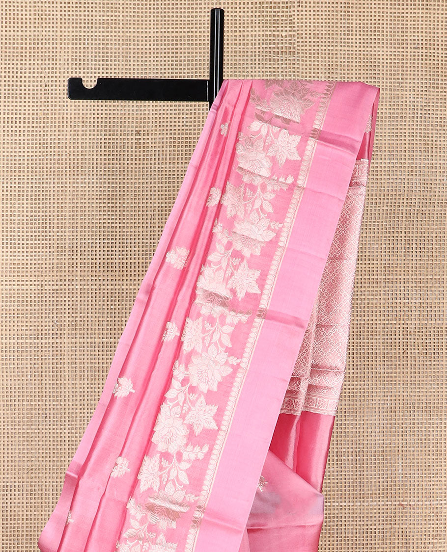 Pink floral motifs raw mango silk saree with self zari design & floral design pallu