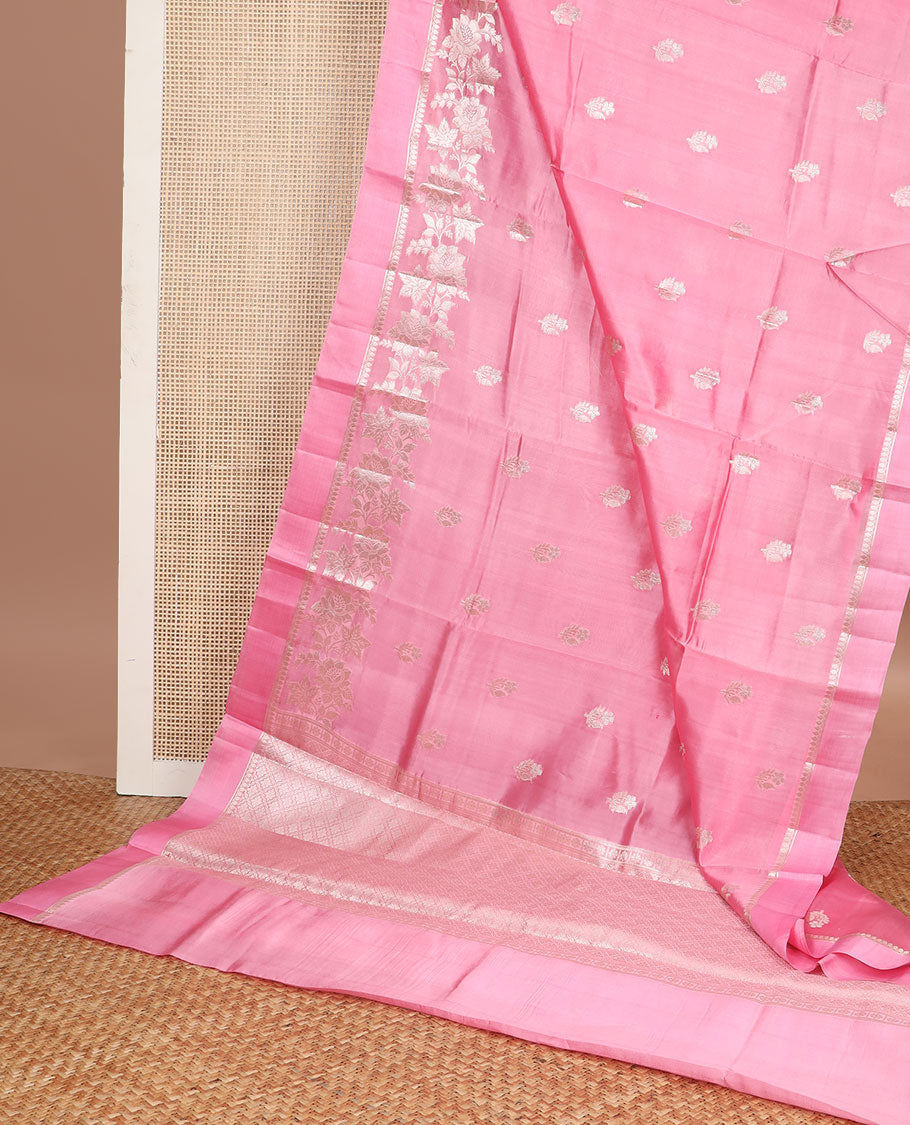 Pink floral motifs raw mango silk saree with self zari design & floral design pallu