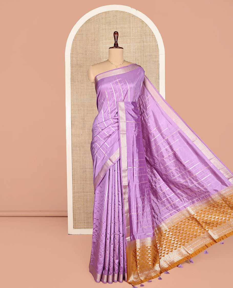 Lavender Dupion Silk Saree, Ornamented with Zari Stripes, Highlighted by a Traditional Zari Design Border, Contrast Pallu of Geometric Design, and a Contrast Blouse