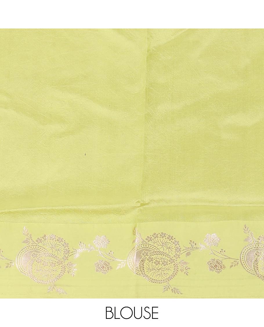 Pink floral zari buttas woven raw mango silk saree, floral design enclosed circles, and intricate pallu