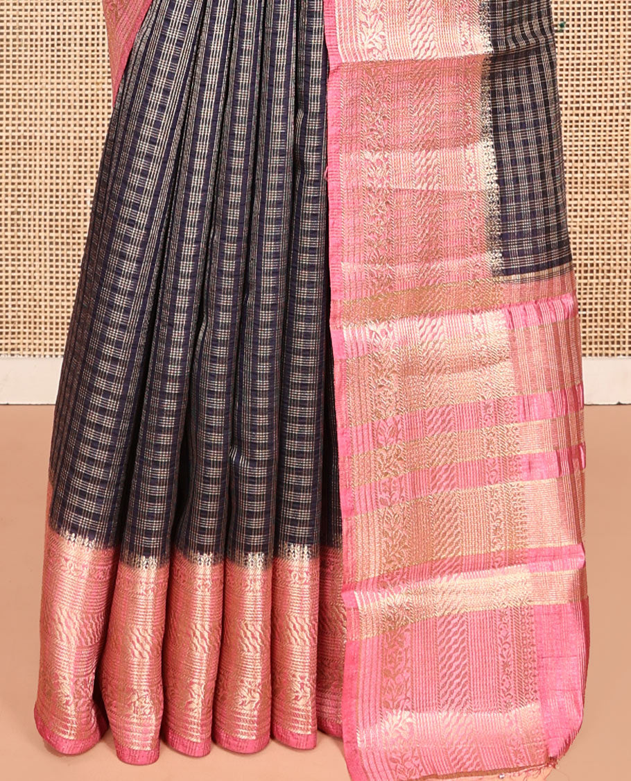 Dark Blue Semi-Banarasi Dupion Saree, Finely Crafted with Zari Checks, a Contrast Traditional Zari Design Border, Striped Pallu, and a Contrast Blouse