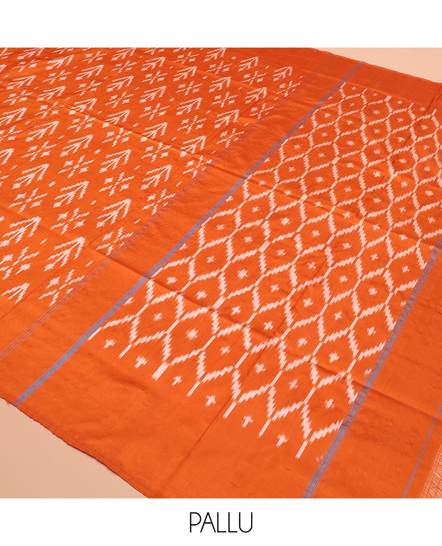 Orange Ikkat Silk Saree Decked with Ikkat Buttas, Featuring a Subtle Plain Border, Complemented by a Pallu Woven in an Ogee Pattern with Ikkat Texture