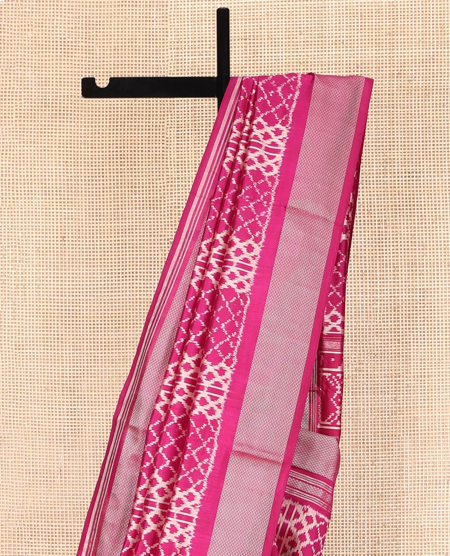 Wine Ikkat Silk Saree, Decorated with Ikkat Jaal Designs All Over Its Body, Highlighted by a Self-Border of Diamond Zari Designs, Pallu of Ikkat Designs, and Paired with a Matching Blouse