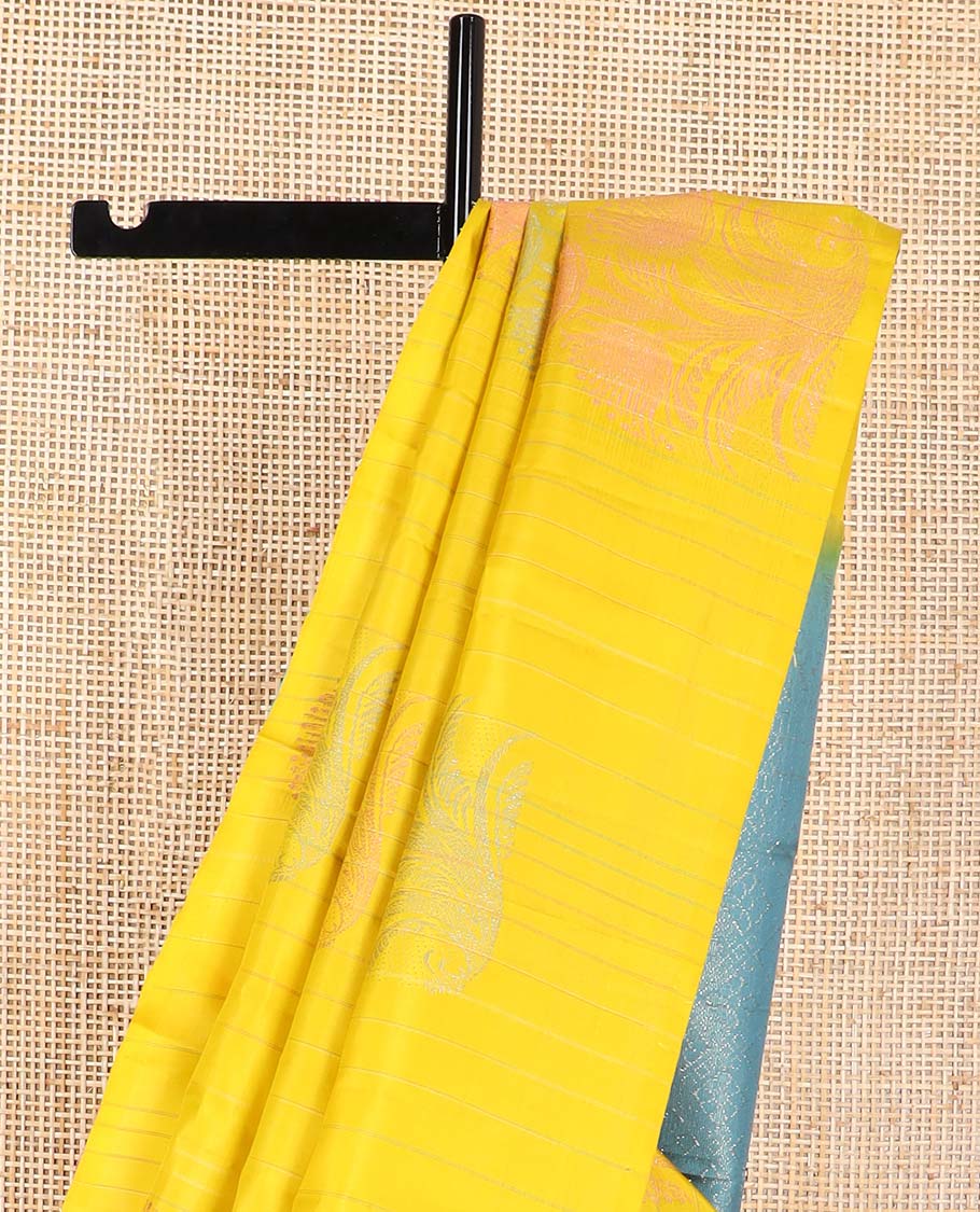 Yellow striped, floral design kancheepuram silk sareee with checked floral design pallu