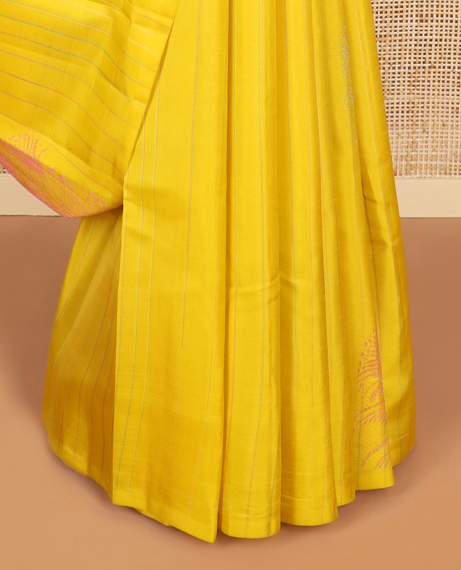 Yellow striped, floral design kancheepuram silk sareee with checked floral design pallu