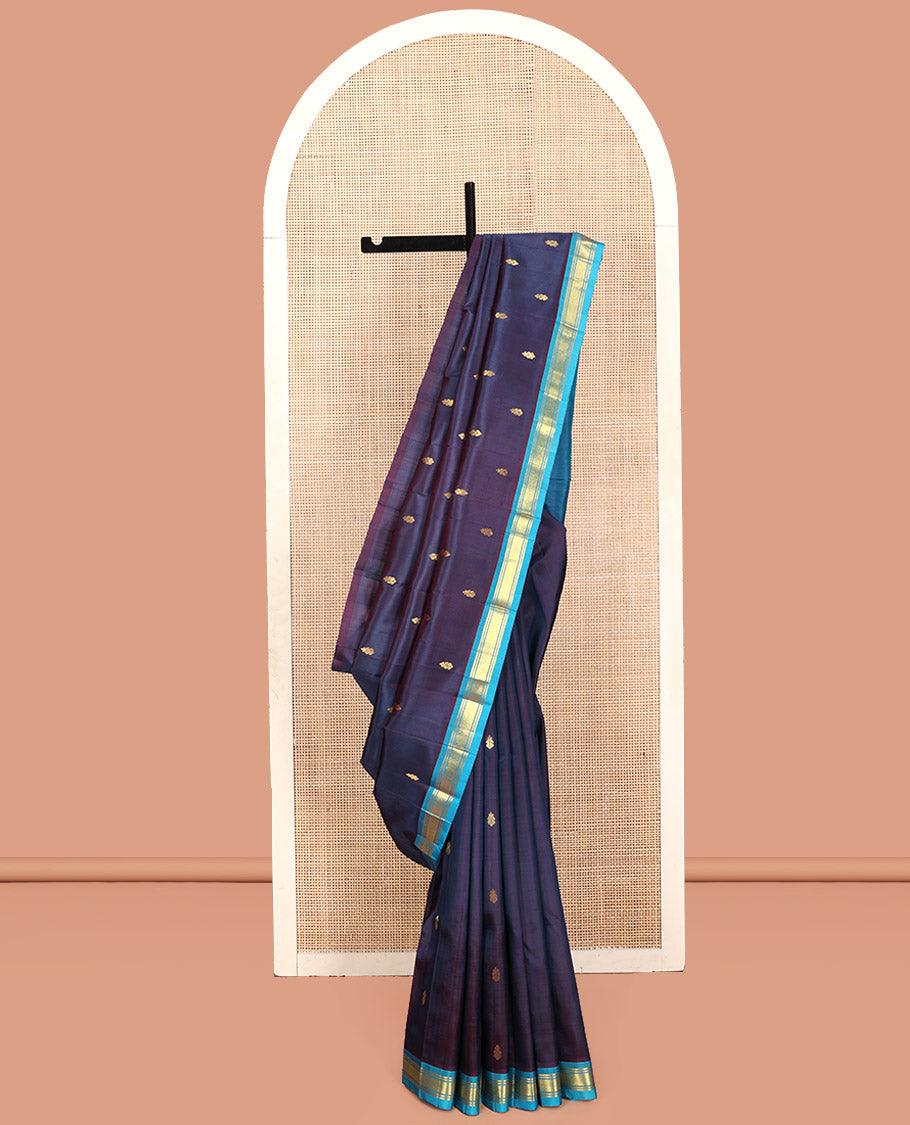Navy Blue Kanchipuram Silk Saree, Detailed with Zari Buttas, Contrast Border of Banaras, and Jaal, Zari Design Pallu, and No Blouse