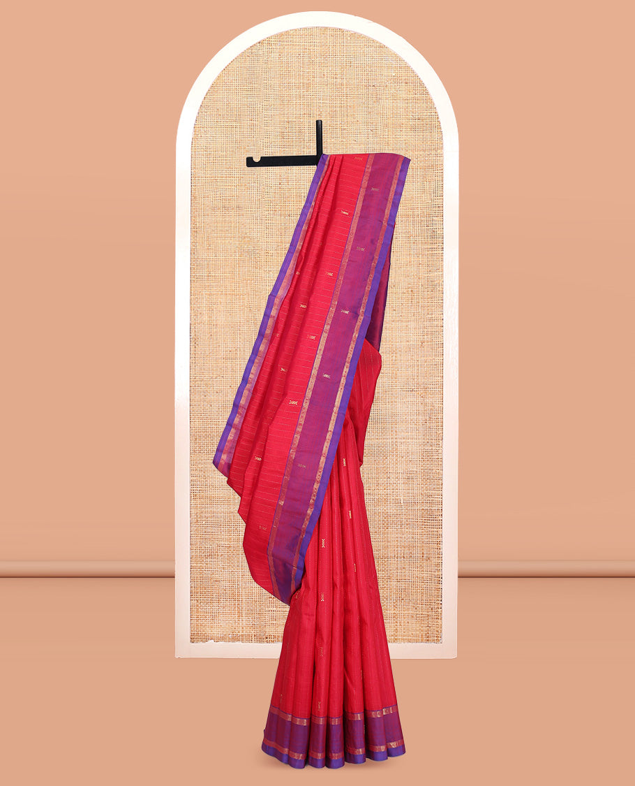 Red Kanchipuram Silk Saree, Embellished with Zari Buttas and Stripes, Contrast Zari Design Border, Zari Design Pallu, and a Contrast Blouse