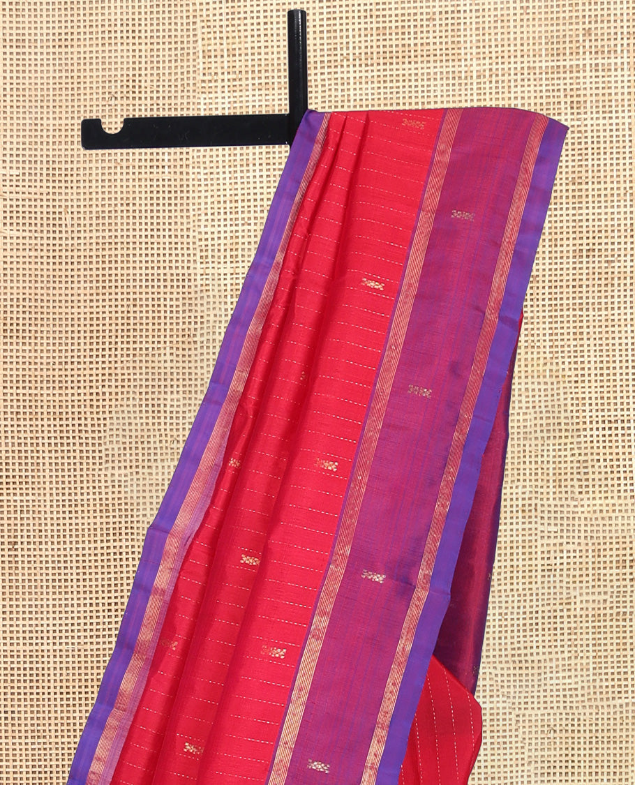 Red Kanchipuram Silk Saree, Embellished with Zari Buttas and Stripes, Contrast Zari Design Border, Zari Design Pallu, and a Contrast Blouse