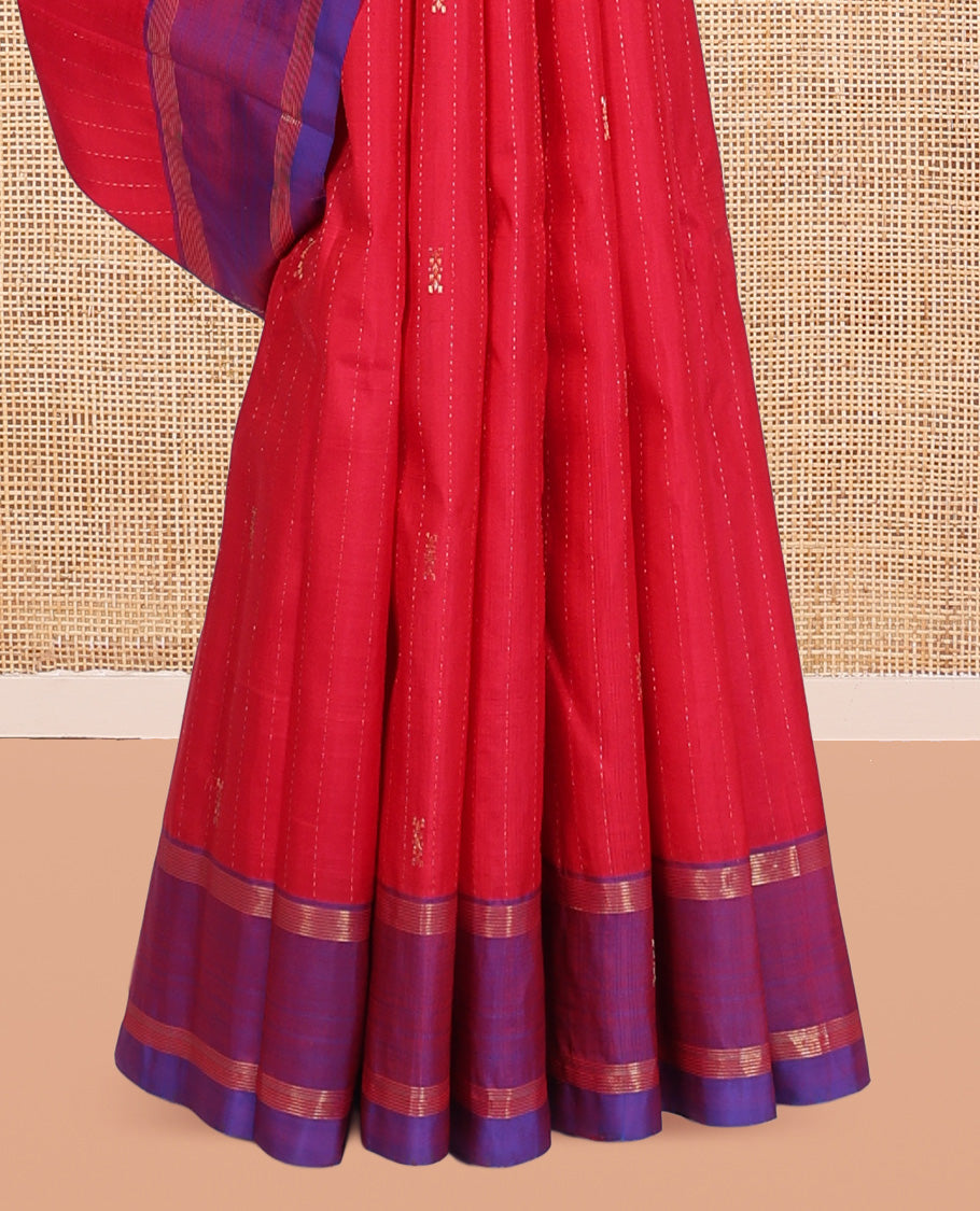 Red Kanchipuram Silk Saree, Embellished with Zari Buttas and Stripes, Contrast Zari Design Border, Zari Design Pallu, and a Contrast Blouse