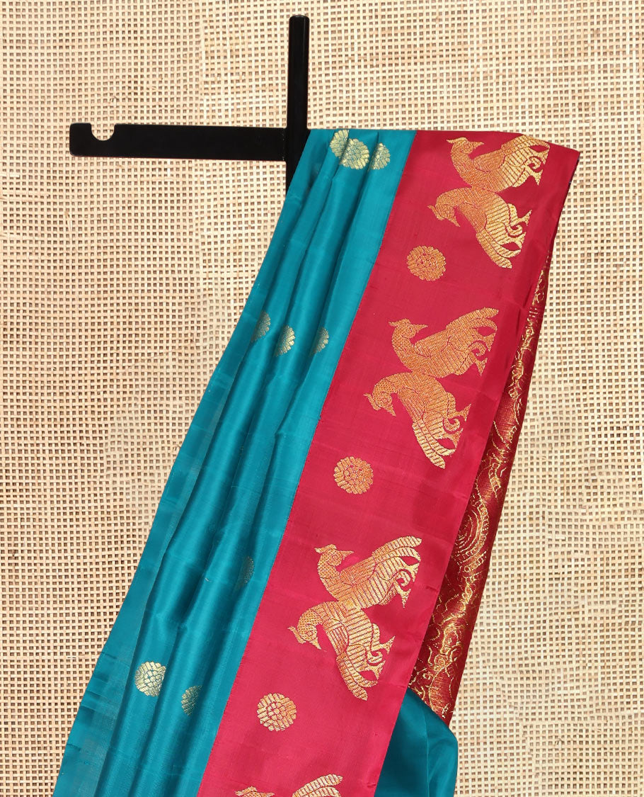 Blue Kanchipuram Silk Saree, Crafted with Chakra Buttas, Complemented by a Contrast One-Sided Korvai Border of Chakram and Kili Designs, Annam Motif Pallu, and a No Blouse