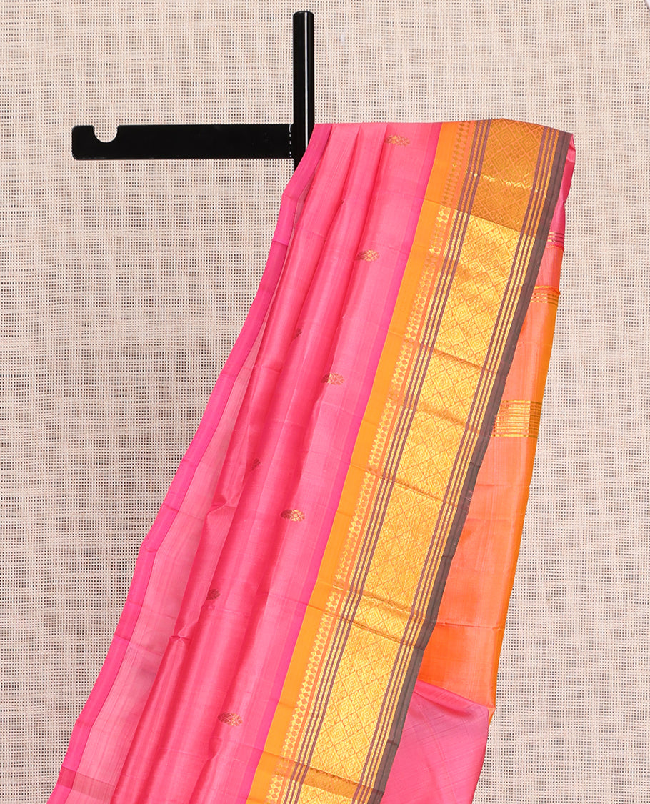Pink Kanchipuram Silk Saree, Ornamented with Zari Buttas, a Contrast One-Sided Border of Paneer Sombu, Banaras, Muthu, and Jaal Design, Zari Design Pallu, and No Blouse