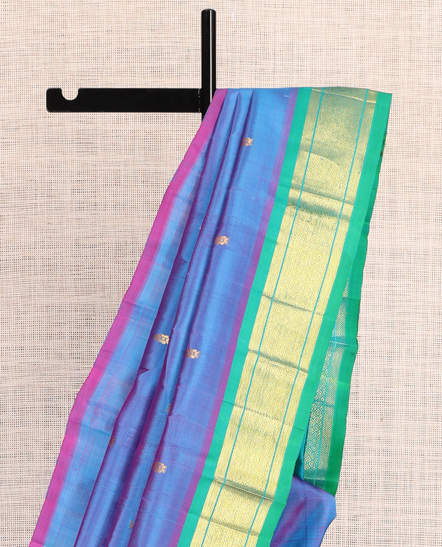 Blue Kanchipuram Silk Saree, Woven with Zari Buttas, a Contrast One-Sided Border of Banaras, and Jaal Designs, Zari Design Pallu, and No Blouse