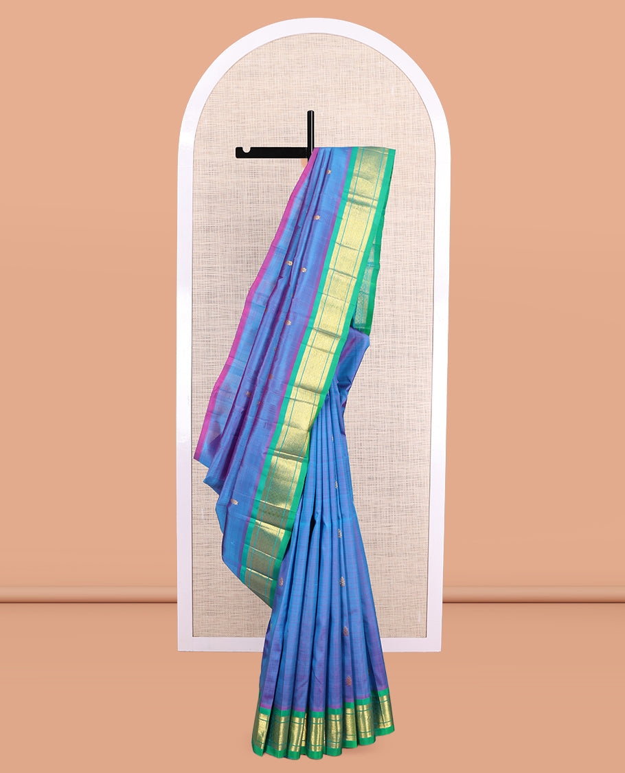 Blue Kanchipuram Silk Saree, Woven with Zari Buttas, a Contrast One-Sided Border of Banaras, and Jaal Designs, Zari Design Pallu, and No Blouse