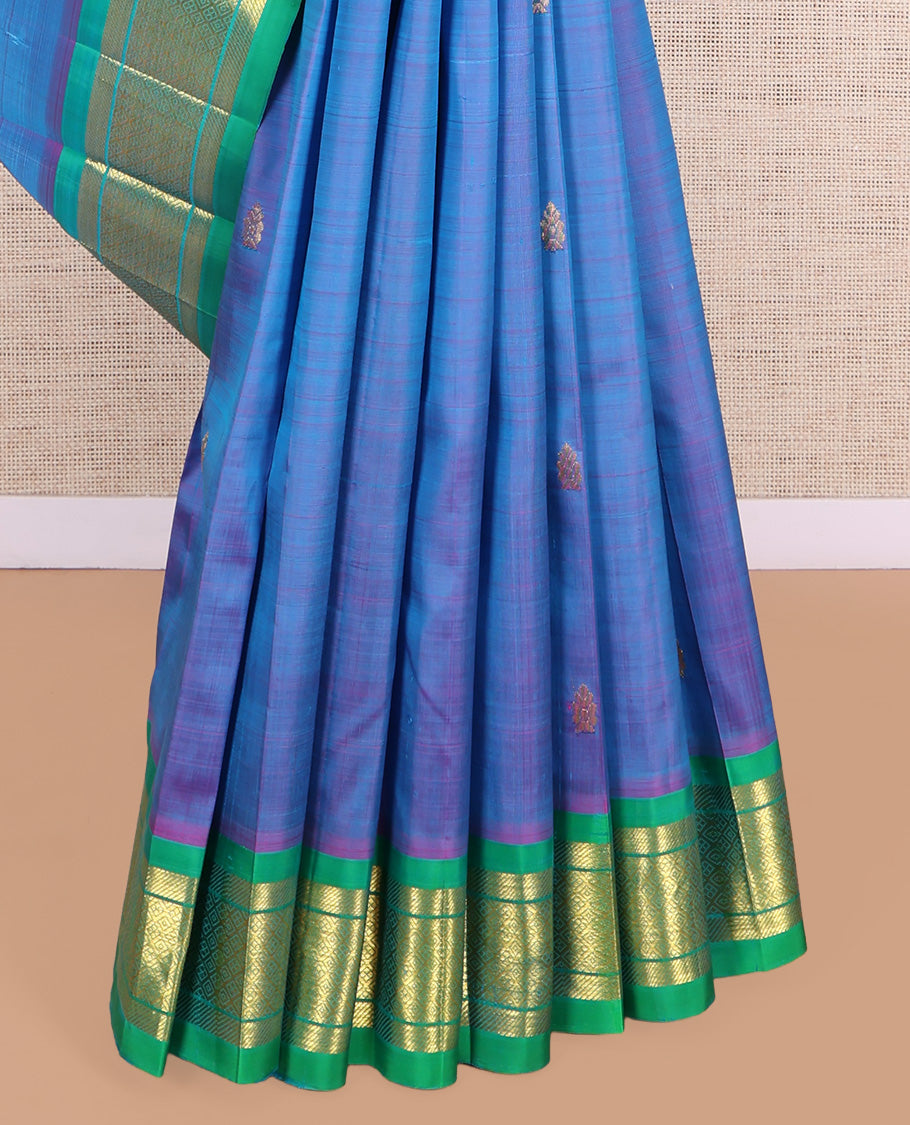 Blue Kanchipuram Silk Saree, Woven with Zari Buttas, a Contrast One-Sided Border of Banaras, and Jaal Designs, Zari Design Pallu, and No Blouse