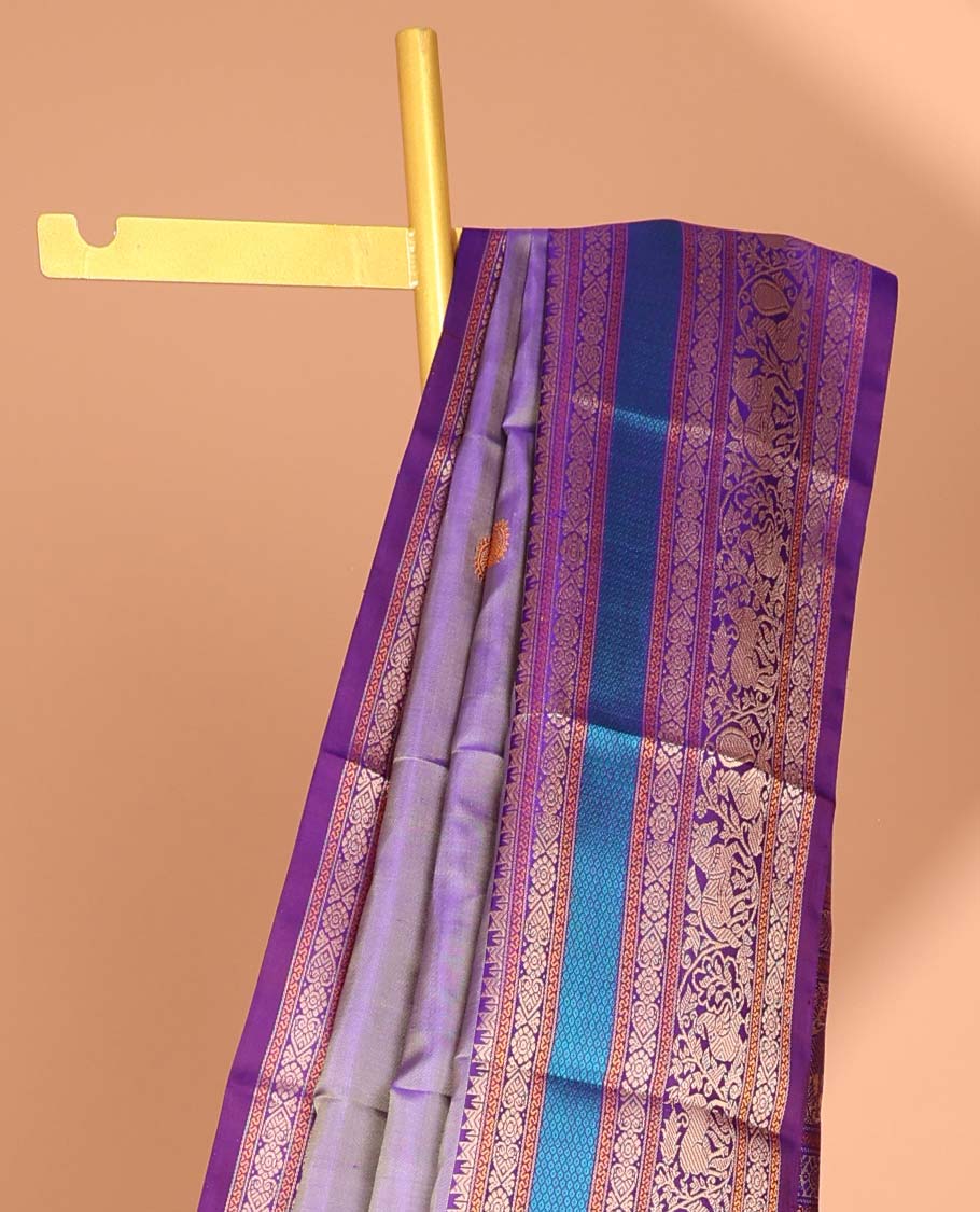 Violet buttas kancheepuram silk saree with contrast border of intricate zari design & traditional zari design pallu