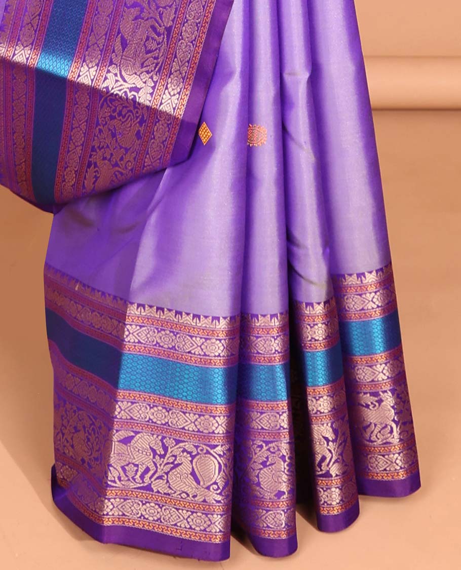 Violet buttas kancheepuram silk saree with contrast border of intricate zari design & traditional zari design pallu