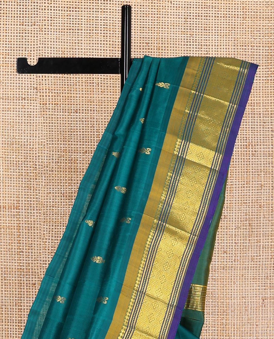Green floral buttas kancheepuram silk saree with contrast border of banaras, muthu, checked design border & zari design pallu