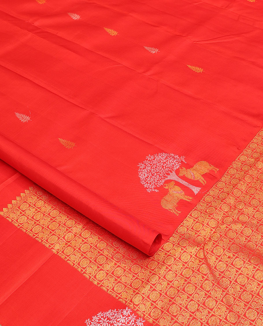 Borderless red zari buttas and Pichwai cow Kanchipuram silk saree, self-pallu of annam chakram enclosed checked design