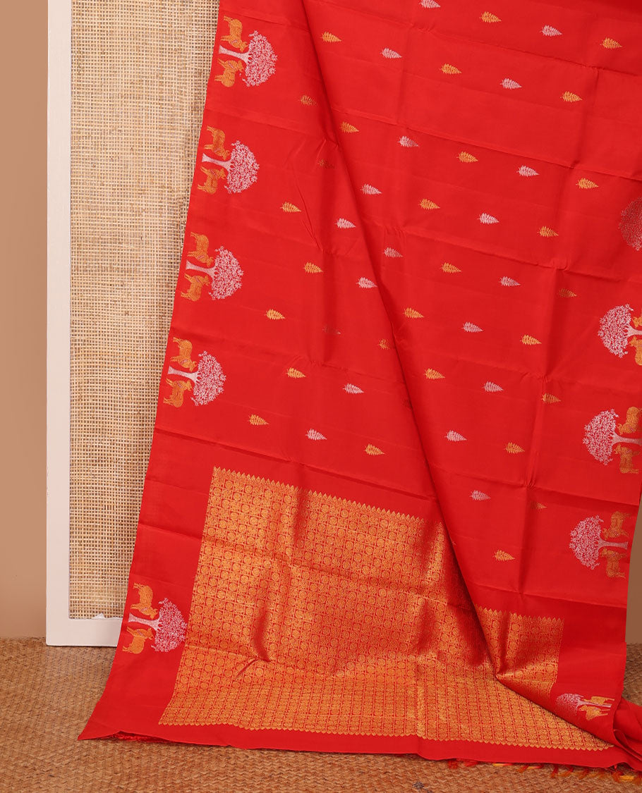 Borderless red zari buttas and Pichwai cow Kanchipuram silk saree, self-pallu of annam chakram enclosed checked design