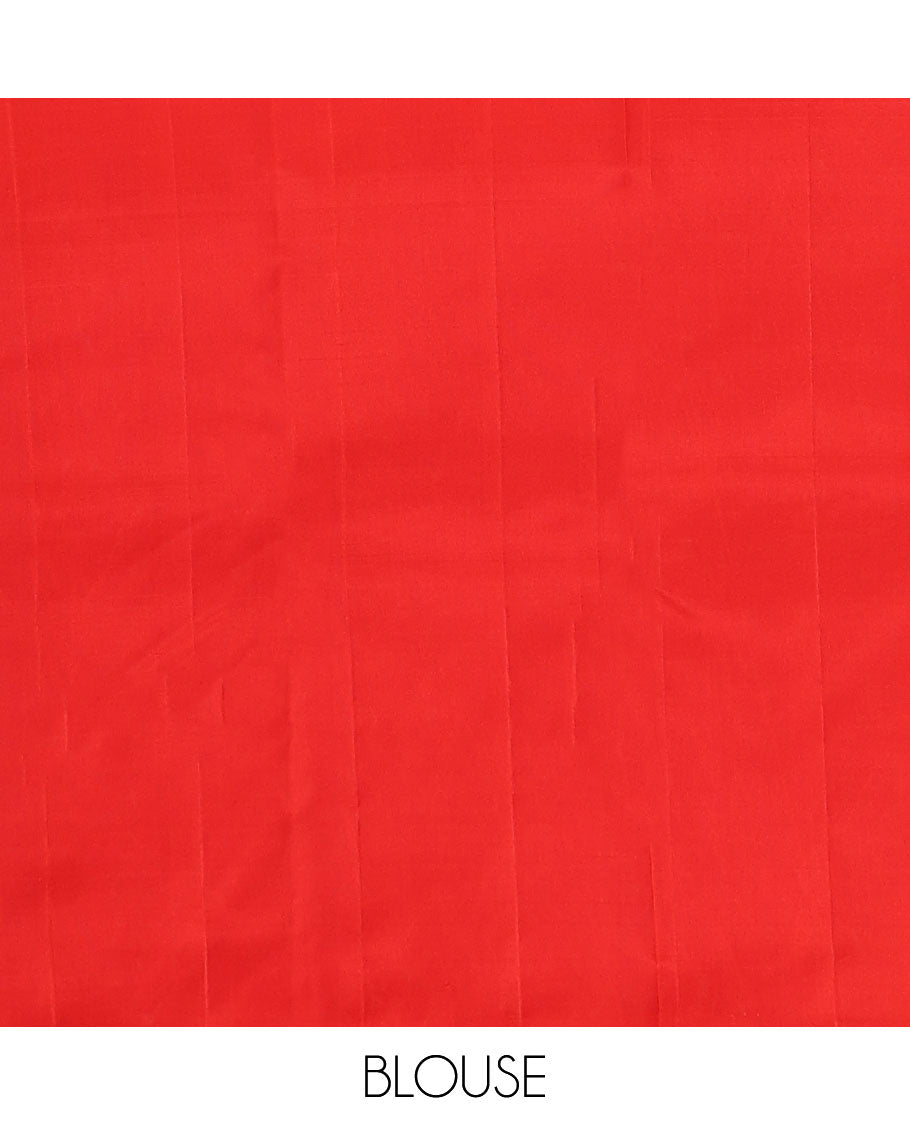 Borderless red zari buttas and Pichwai cow Kanchipuram silk saree, self-pallu of annam chakram enclosed checked design