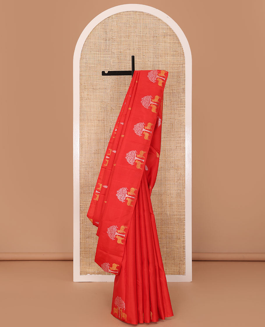 Borderless red zari buttas and Pichwai cow Kanchipuram silk saree, self-pallu of annam chakram enclosed checked design