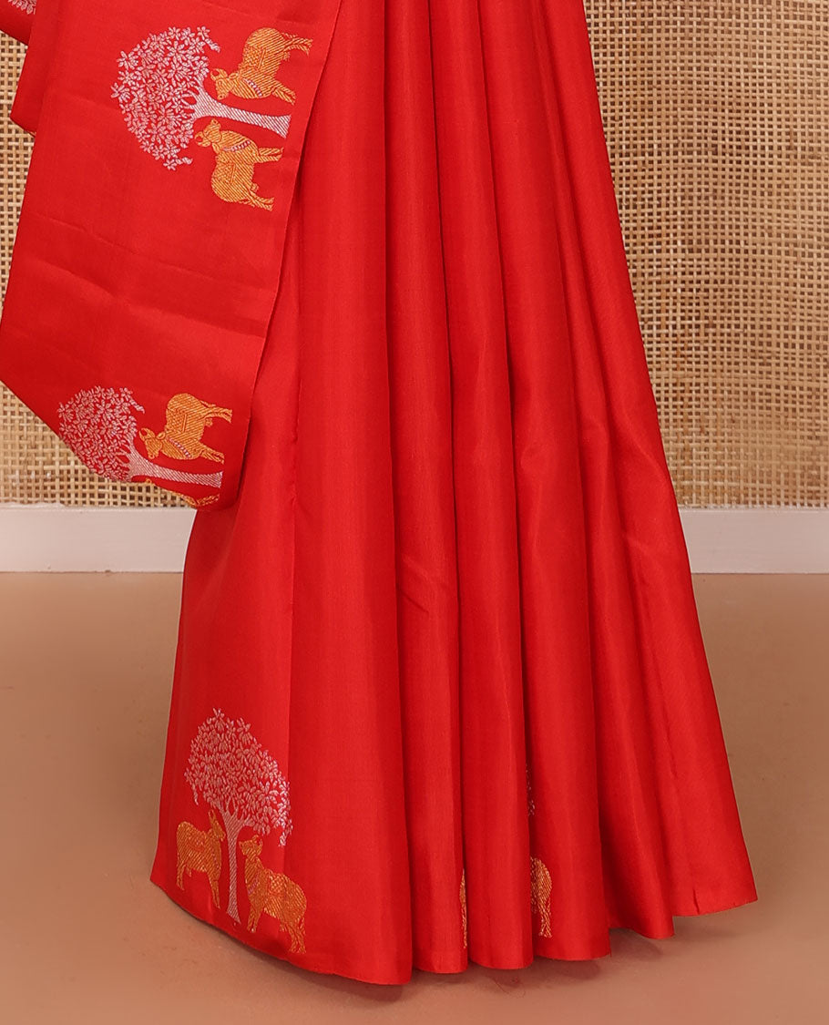 Borderless red zari buttas and Pichwai cow Kanchipuram silk saree, self-pallu of annam chakram enclosed checked design