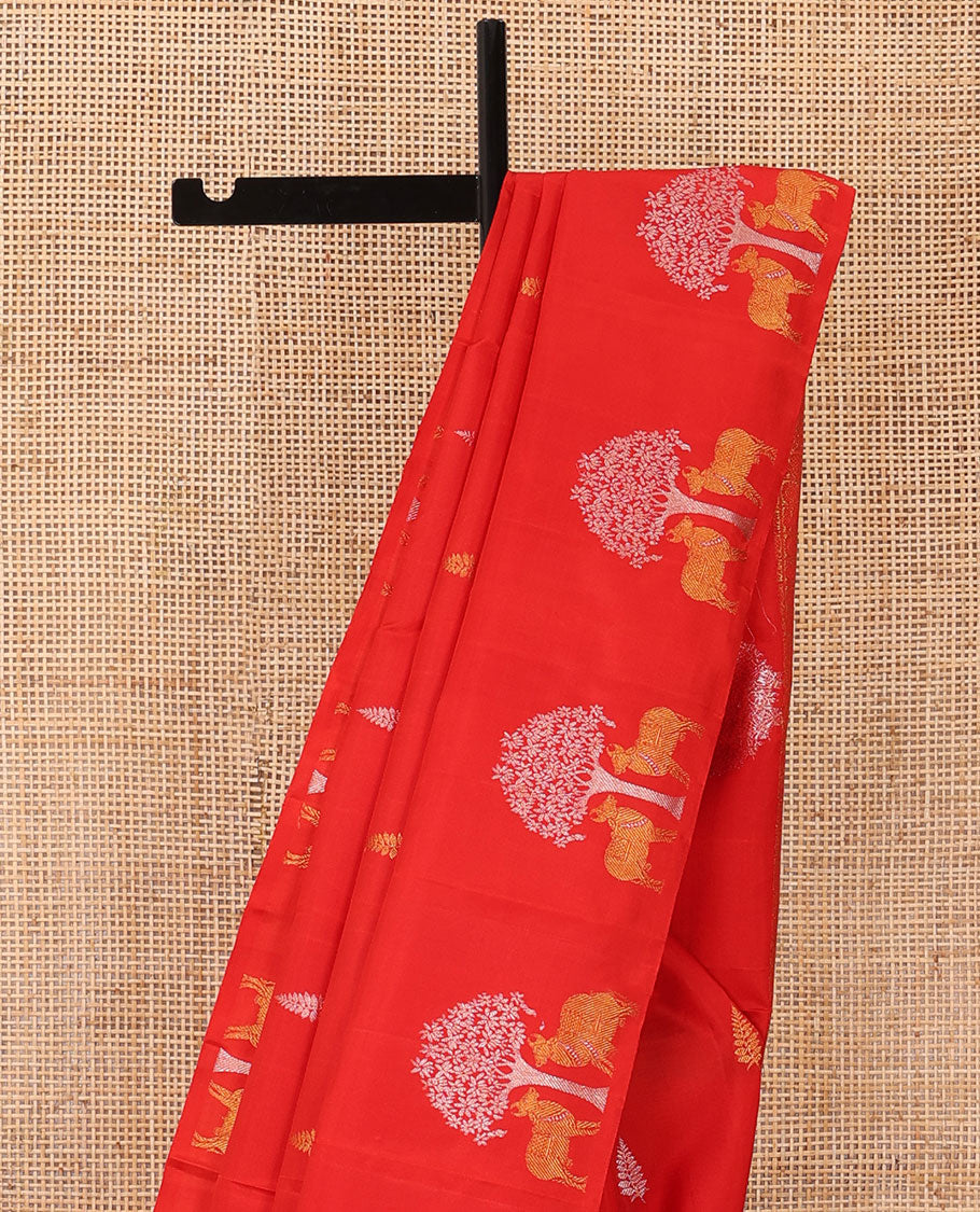 Borderless red zari buttas and Pichwai cow Kanchipuram silk saree, self-pallu of annam chakram enclosed checked design
