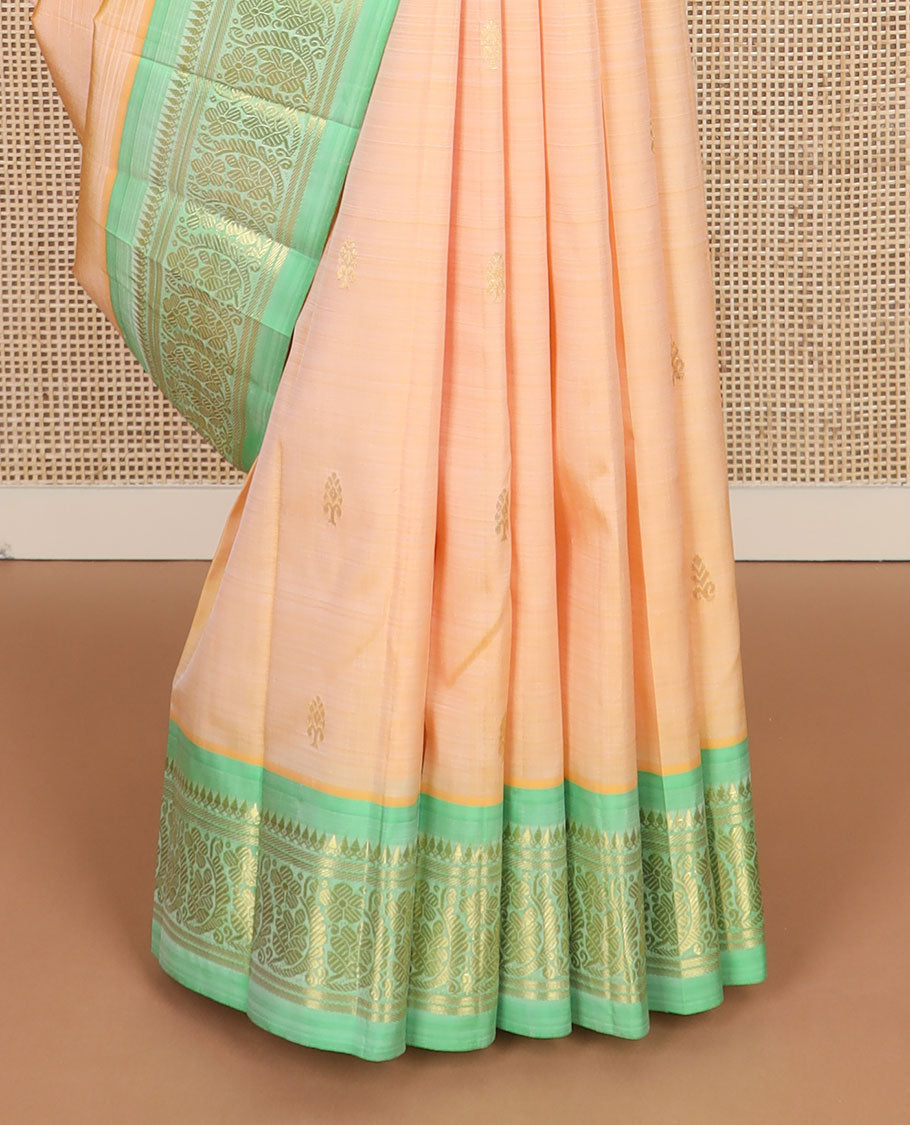 Orange zari buttas Kanchipuram silk saree, contrast one-sided border of thilakam mokku,banaras & floral designs & zari design pallu