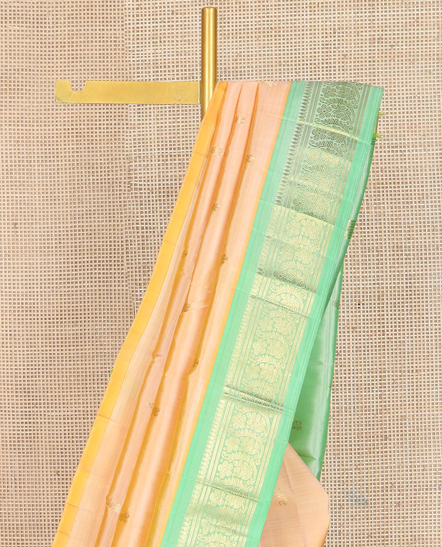 Orange zari buttas Kanchipuram silk saree, contrast one-sided border of thilakam mokku,banaras & floral designs & zari design pallu