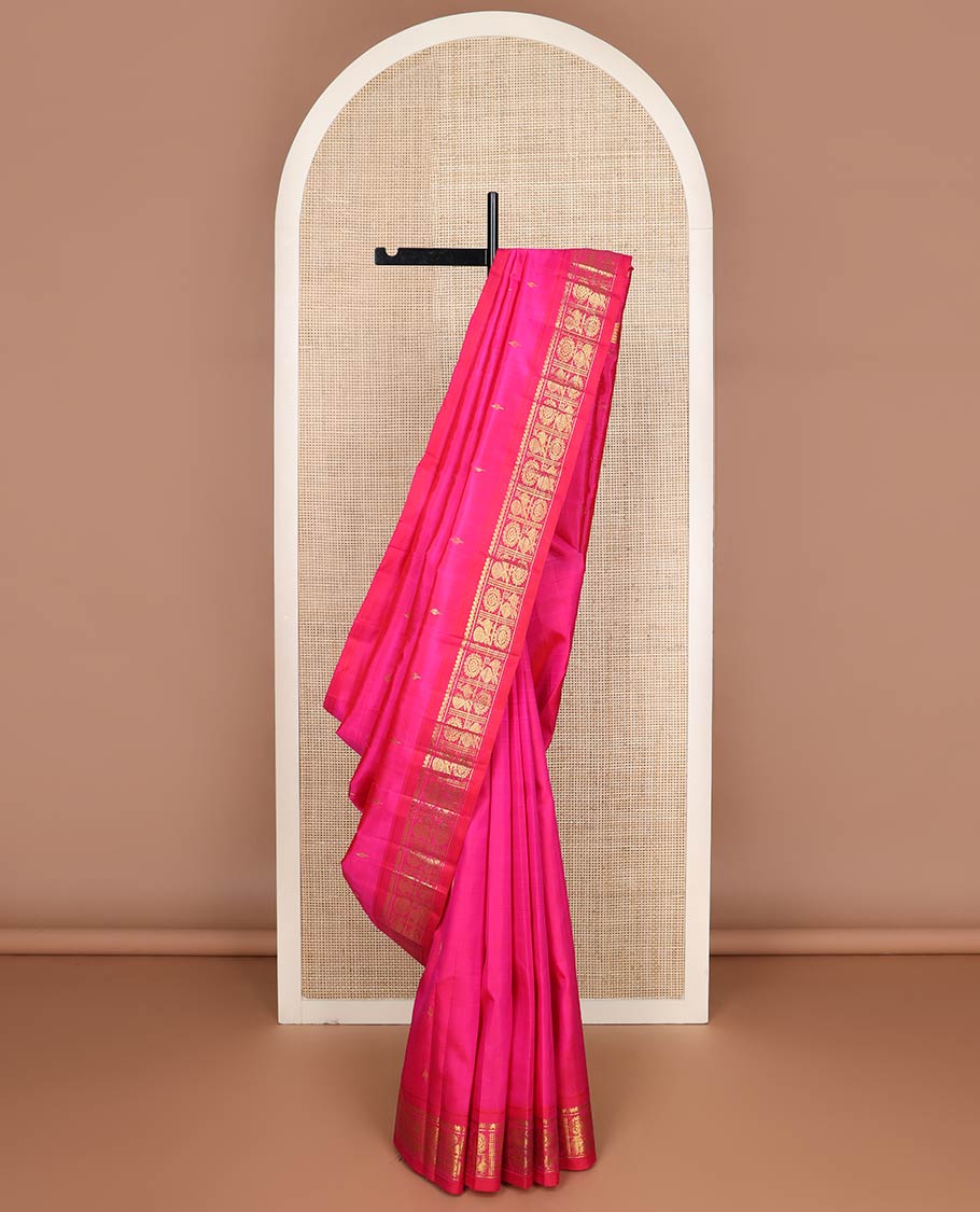 Pink zari buttas kanchipuram silk saree, contrast one-sided border of salngai & annam chakram design & zari design pallu
