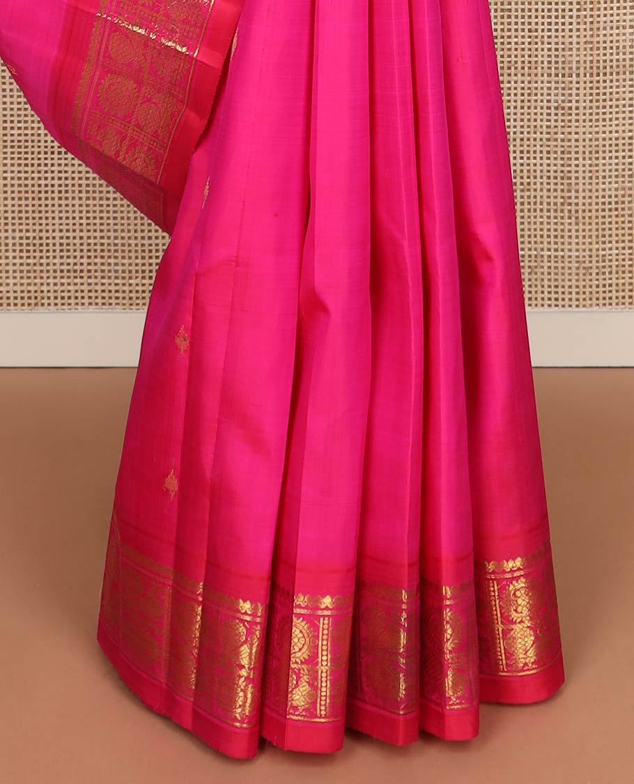 Pink zari buttas kanchipuram silk saree, contrast one-sided border of salngai & annam chakram design & zari design pallu