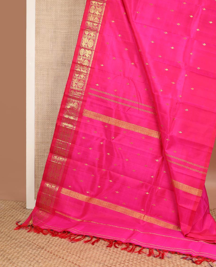 Pink zari buttas kanchipuram silk saree, contrast one-sided border of salngai & annam chakram design & zari design pallu