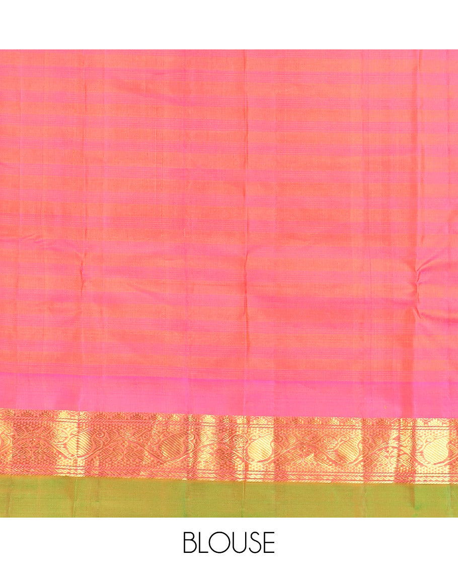 Green striped Kanchipuram silk saree, contrast border of rekku, kodi manga and mayil designs, and zari striped pallu