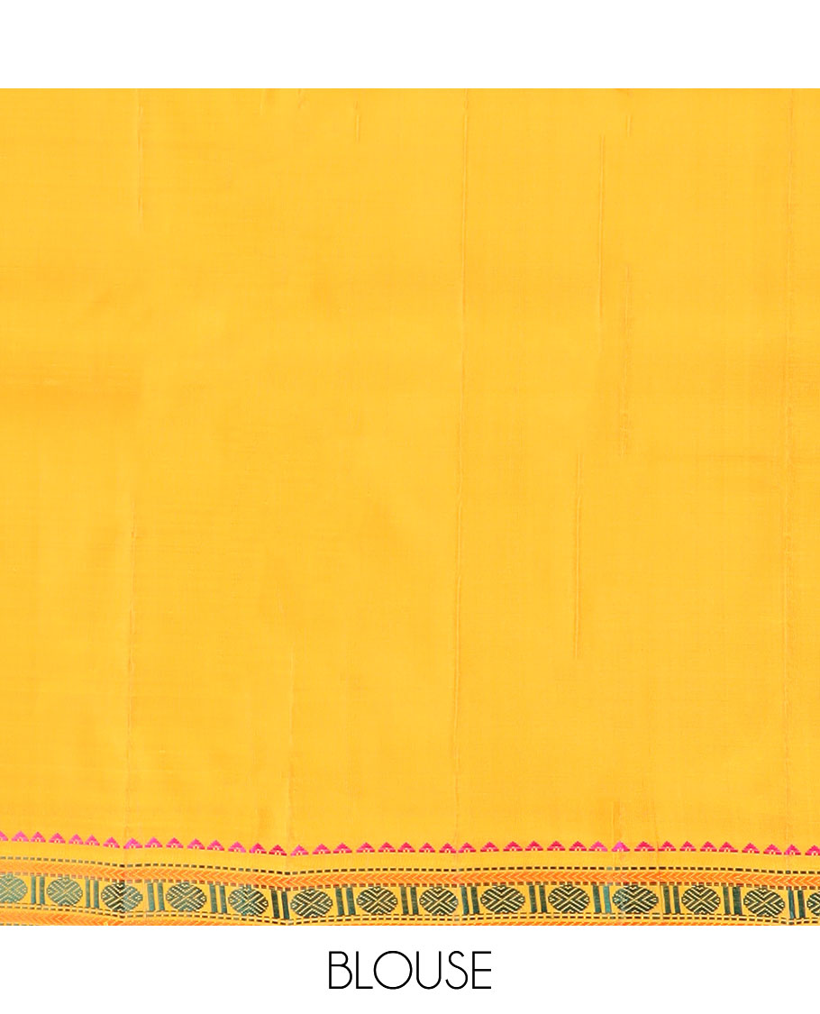 Yellow malli mokku buttas Kanchipuram silk saree, self-border of rekku, muthu, kathir, and rudraksham motifs, and seppu rekku pallu