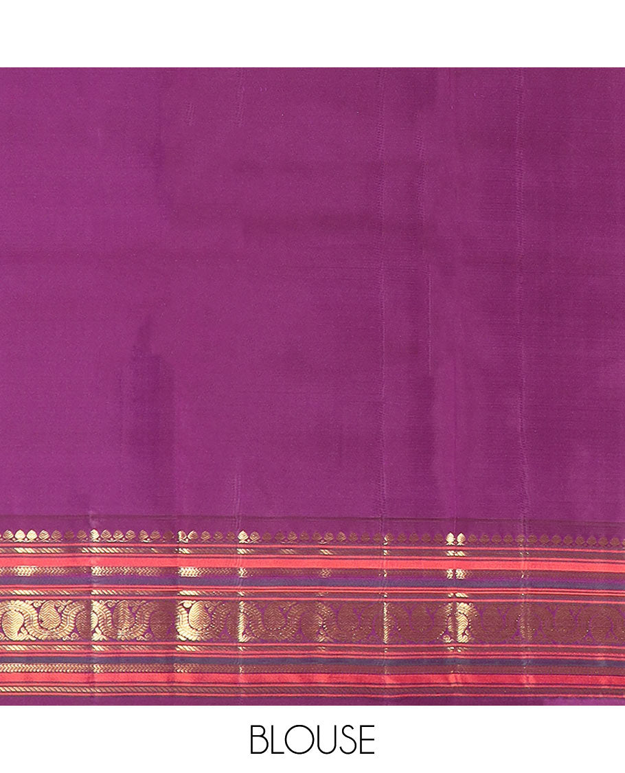 Yellow zari buttas Kanchipuram silk saree, contrast border of thilakam mokku, banaras, kathir, and dhavana manga designs, and mayil kann design pallu