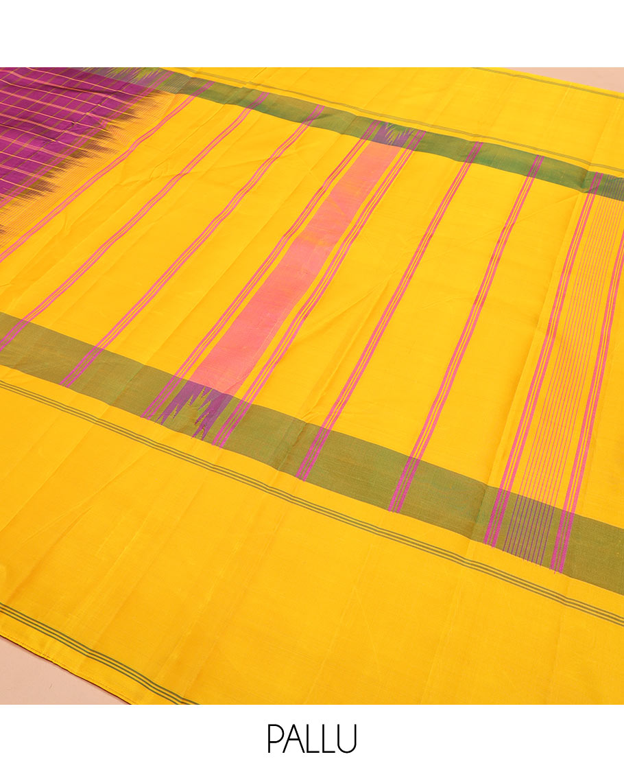 Purple checked Kanchipuram silk saree, contrast thazampoo rekku striped border, and striped pallu
