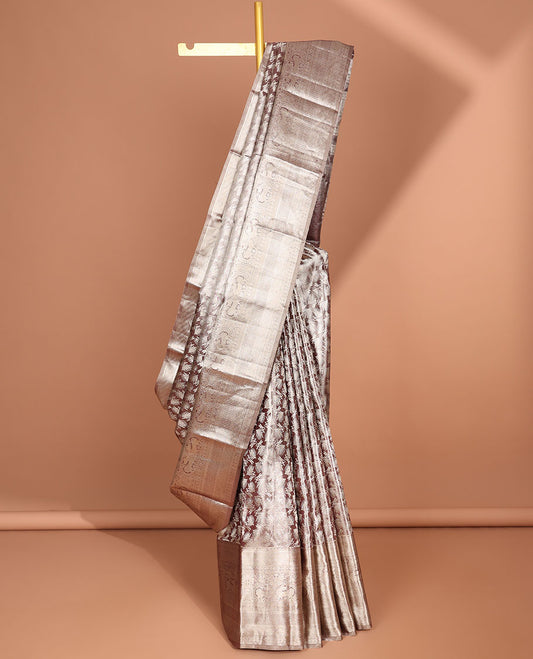 Brown floral vine design kancheepuram tissue silk saree with self traditional zari border & intricate zari pallu