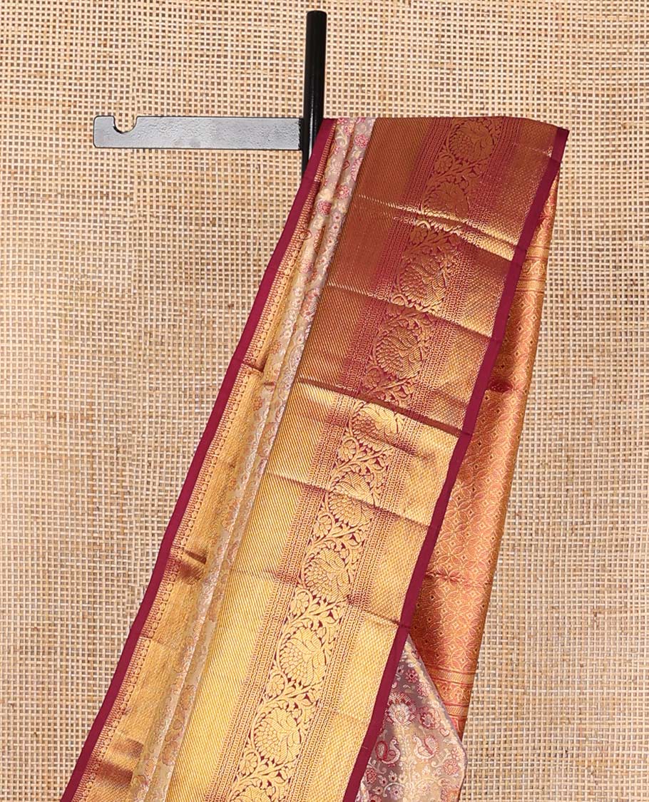 Purple floral, animal design kancheepuram silk saree with contrast thialakm mokku, muthu, manga, banaras design & zari design pallu
