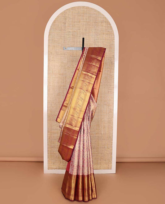 Purple floral, animal design kancheepuram silk saree with contrast thialakm mokku, muthu, manga, banaras design & zari design pallu