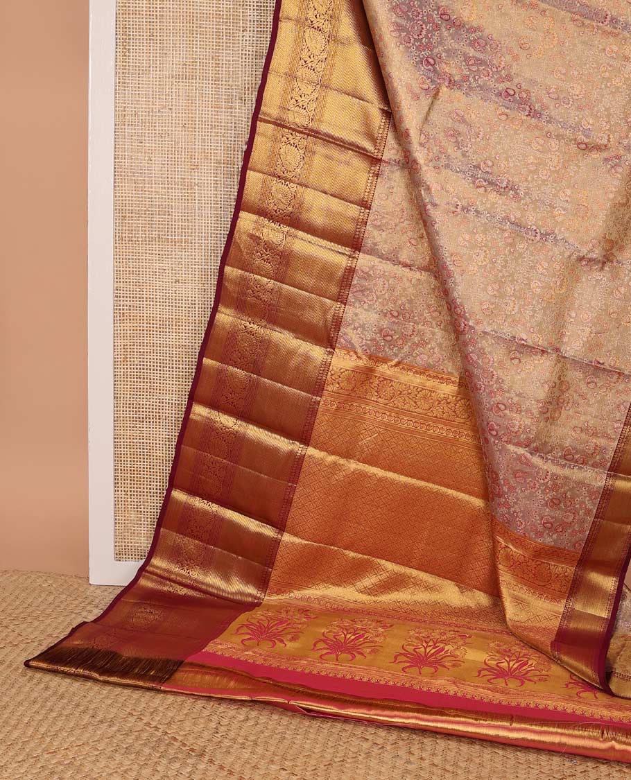Purple floral, animal design kancheepuram silk saree with contrast thialakm mokku, muthu, manga, banaras design & zari design pallu