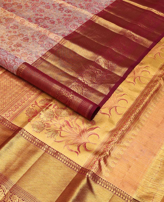 Purple floral, animal design kancheepuram silk saree with contrast thialakm mokku, muthu, manga, banaras design & zari design pallu