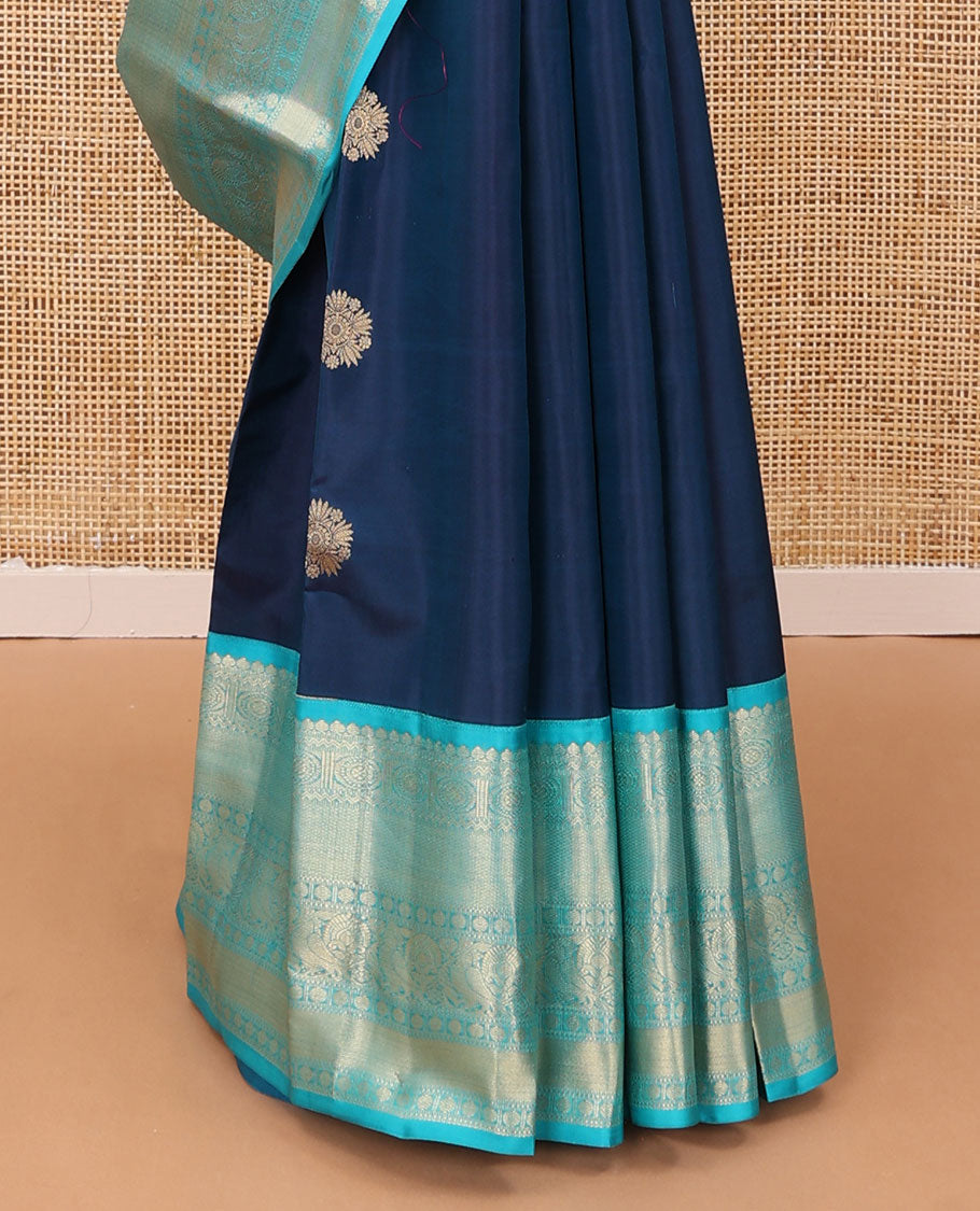 Blue zari buttas silk saree, contrast border of thilakam mokku,neli,mayil chakram,mayil kann & rudraksham & intricate pallu