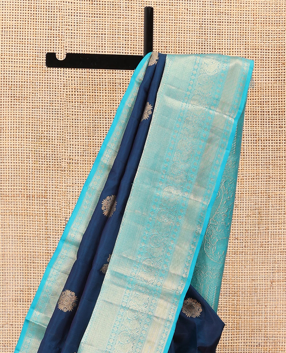 Blue zari buttas silk saree, contrast border of thilakam mokku,neli,mayil chakram,mayil kann & rudraksham & intricate pallu