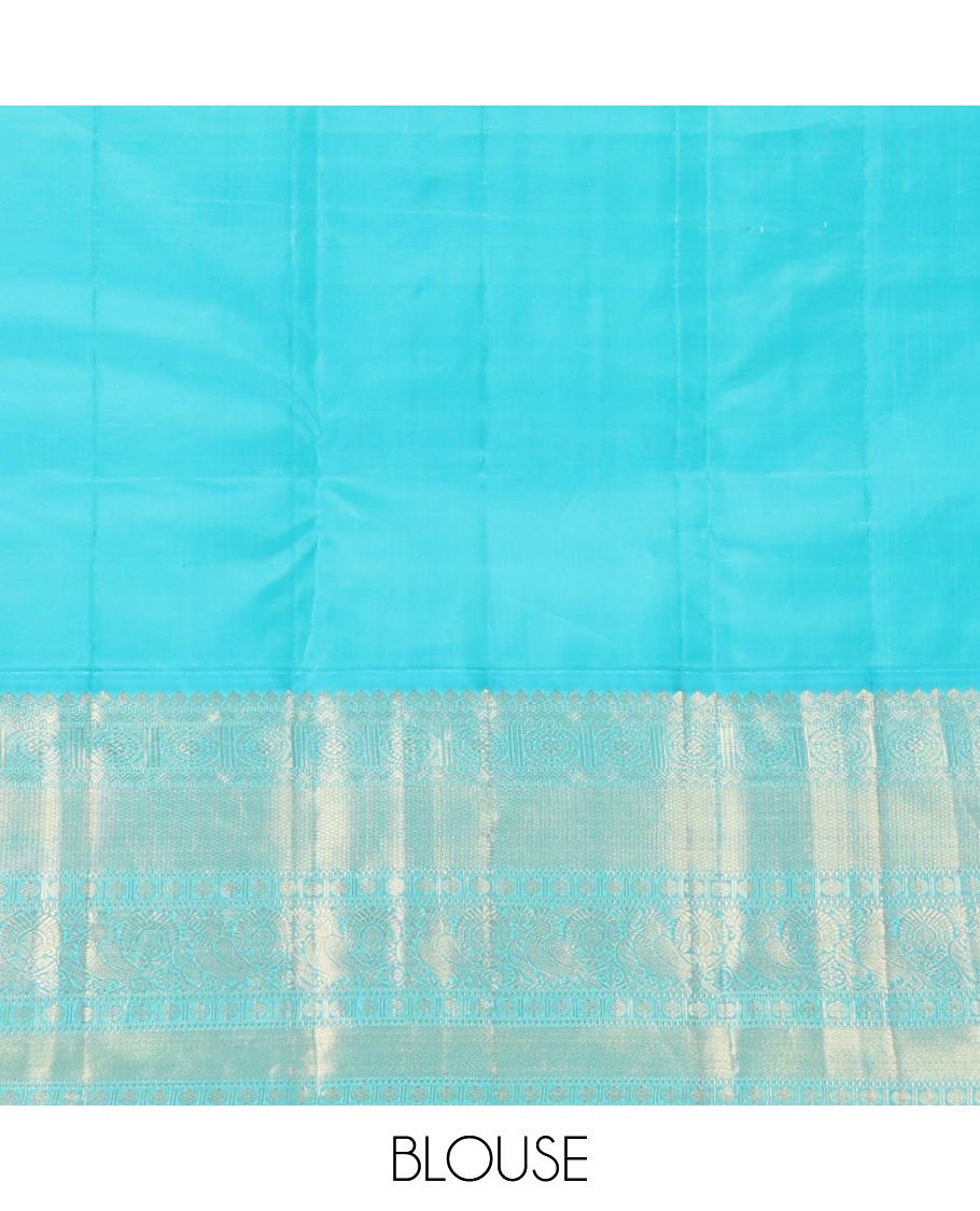 Blue zari buttas silk saree, contrast border of thilakam mokku,neli,mayil chakram,mayil kann & rudraksham & intricate pallu
